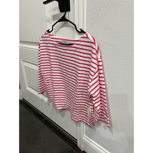 On 34th Striped 3/4 Sleeve Boat Neck Top Pink White Sz XS Cotton Essentials - Picture 4 of 11